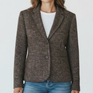 Ann Taylor Tweed Blazer Size 10P Brown Tan Wool Blend 3/4 Sleeve 2 Button Lined